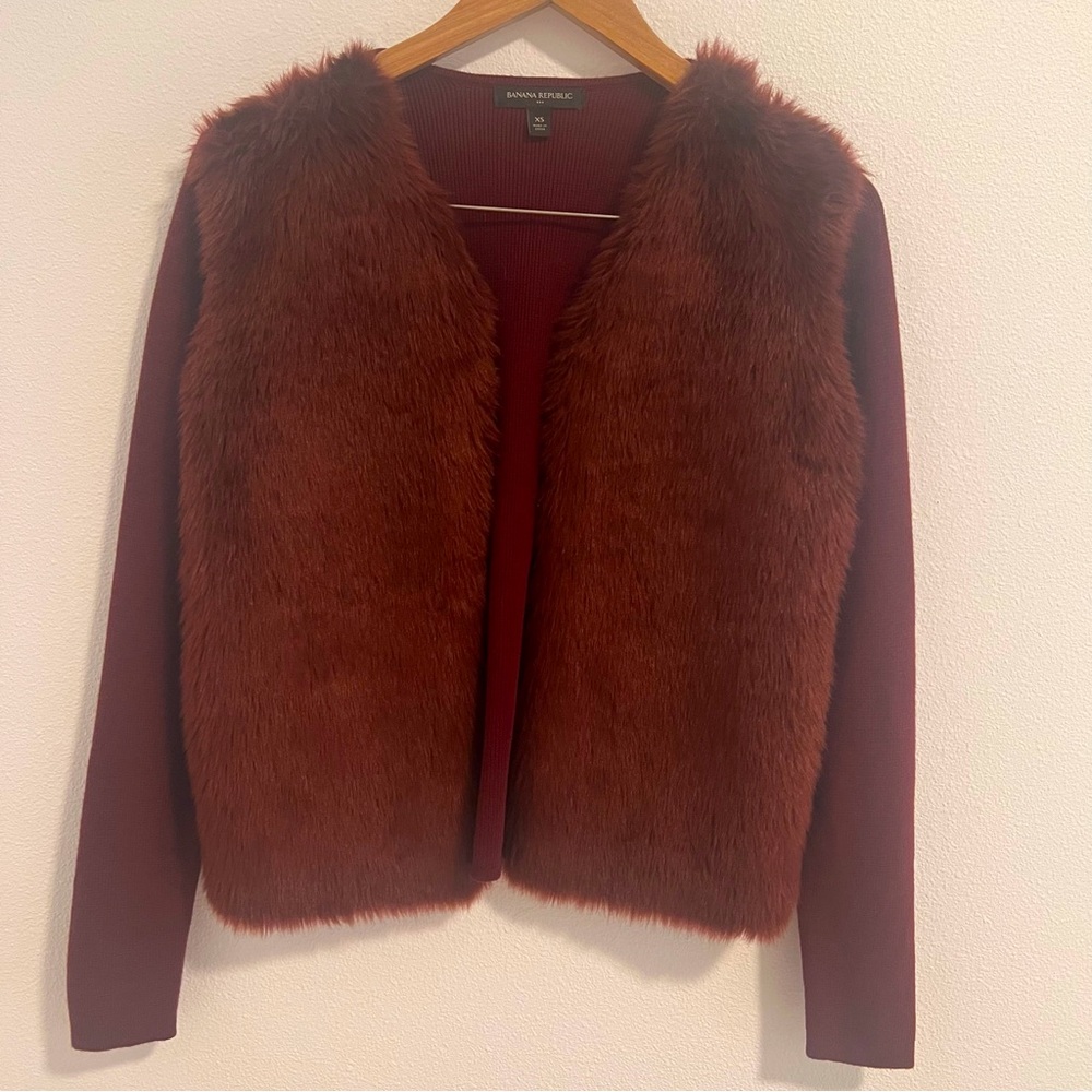 Banana Republic Faux Fur Burgundy Open Cardigan XS New